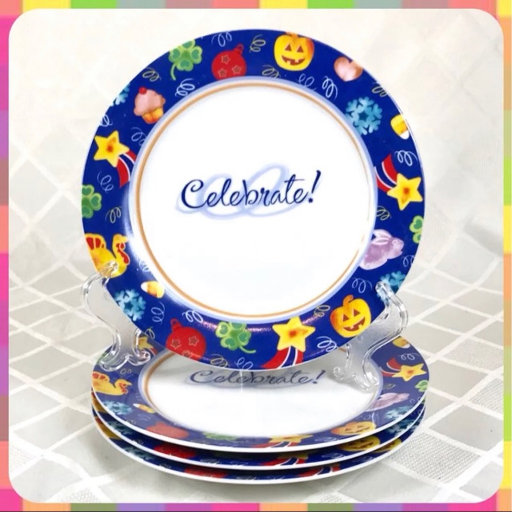 NEW 4 Pc Avery 8” BIRTHDAY PARTY DESSERT PLATE SET Holiday Event Ceramic Dishes